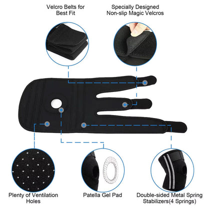 دعامة ركبة رياضية قابلة للتعديل – Knee Support بخامة نيوبرين مع فتحة الرضفة ودعائم جانبية مرنة